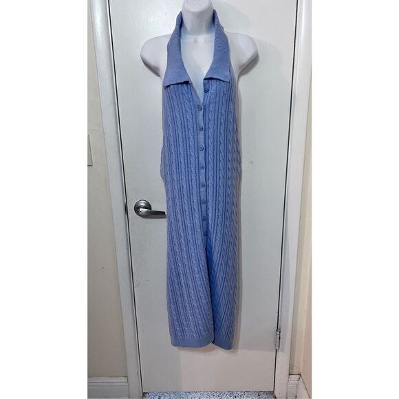 Pink Rose Aster Blue Maxi Halter Sweater Dress Size L New - Picture 3 of 10